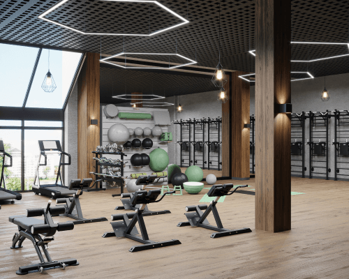 Modern gym interior with workout equipment and machines